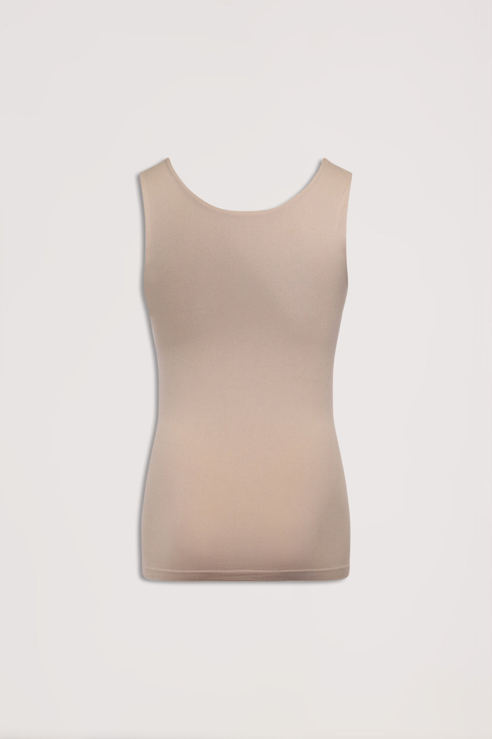 Beige seamless fitted scoop neck tank top with thick straps