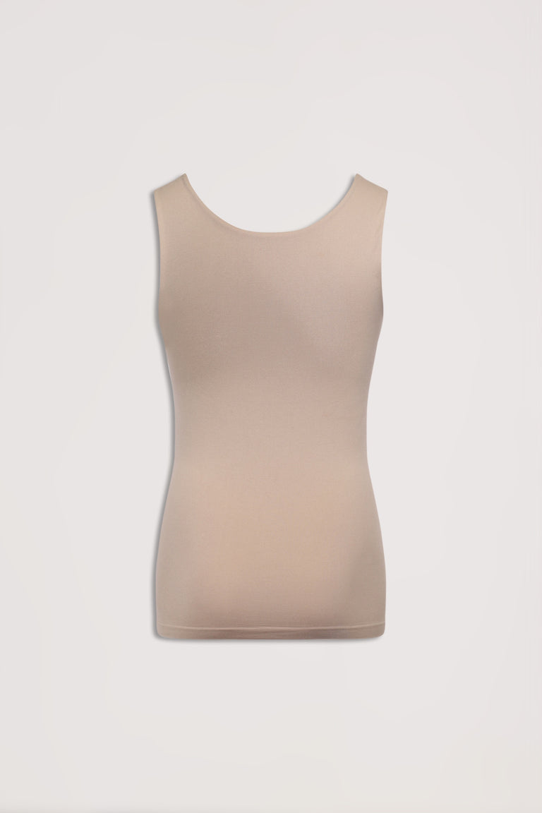 Beige seamless fitted scoop neck tank top with thick straps