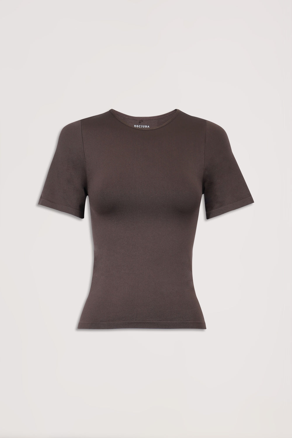 Dark brown fitted short sleeve crew neck tee against a light background