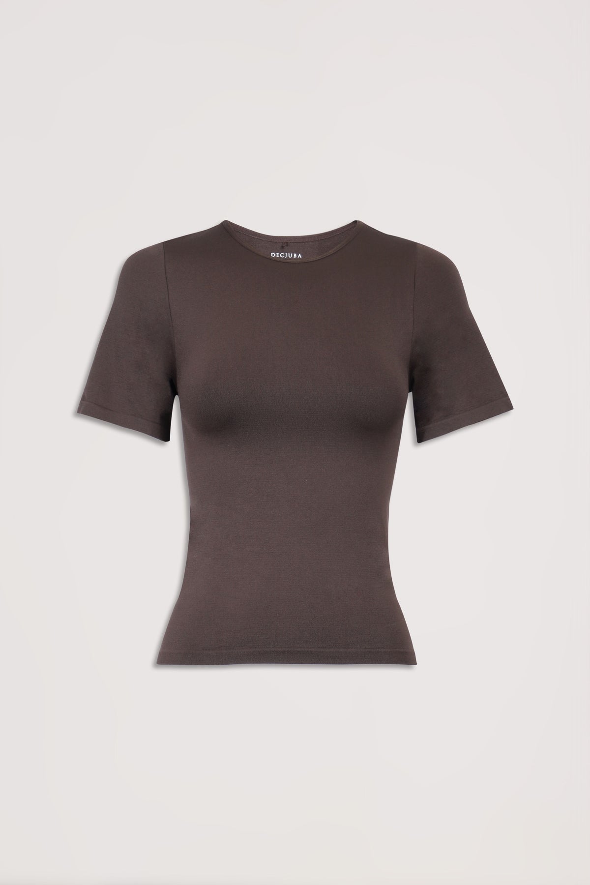 Dark brown fitted short sleeve crew neck tee against a light background