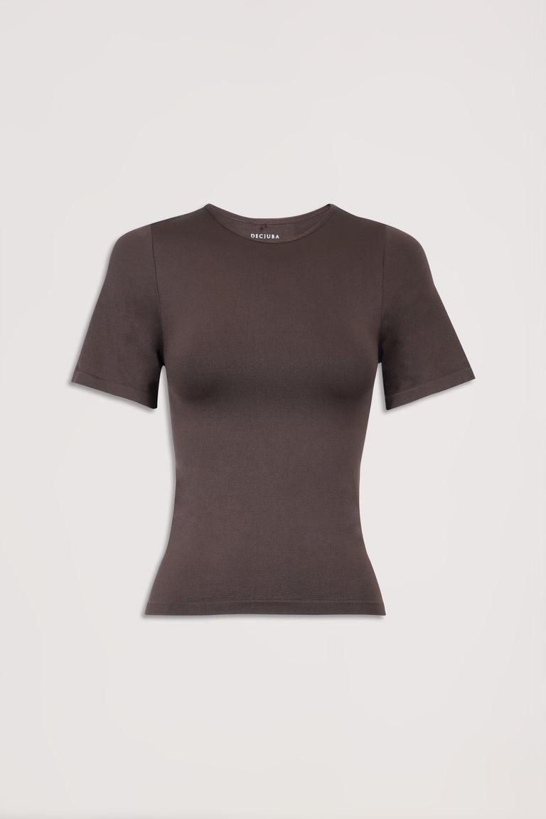 Dark brown fitted short sleeve crew neck tee against a light background