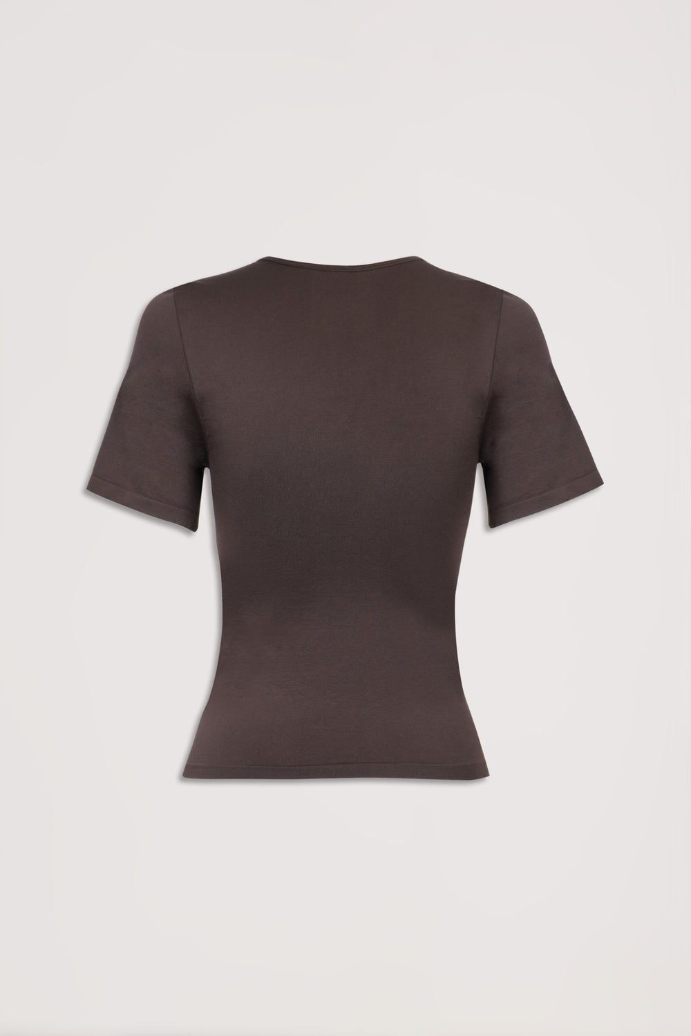 Dark brown fitted short sleeve crew neck tee on a plain background
