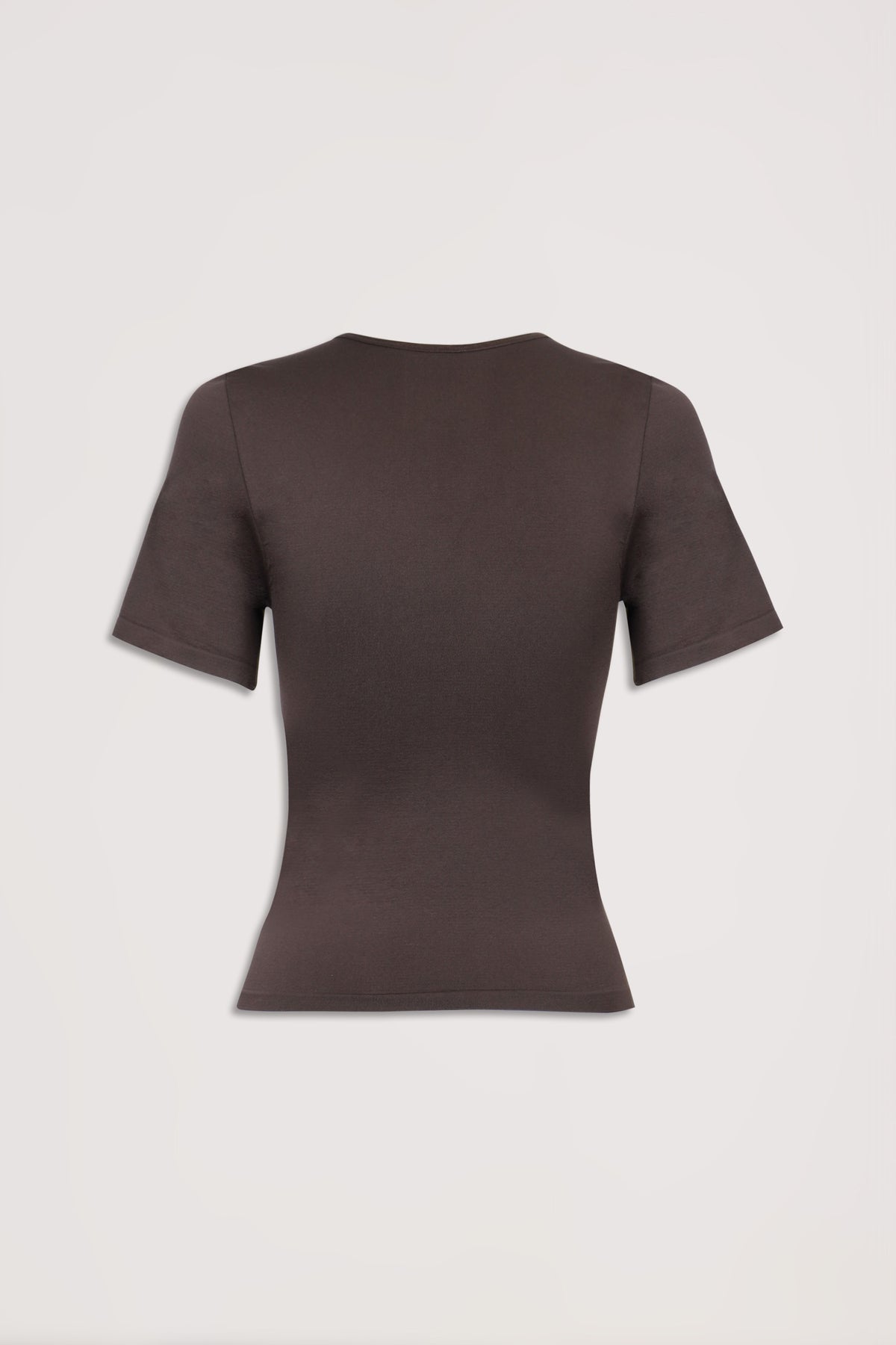 Dark brown fitted short sleeve crew neck tee on a plain background