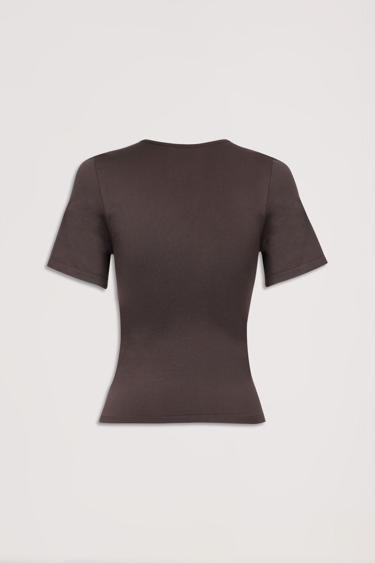 Dark brown fitted short sleeve crew neck tee on a plain background