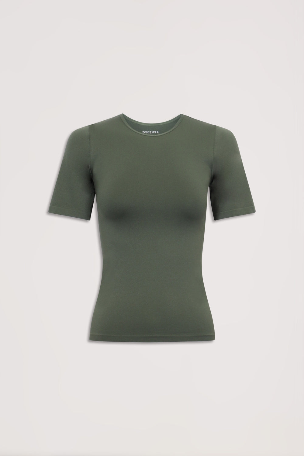 Slim-fit olive green seamless tee with short sleeves and crew neckline, designed for everyday comfort and style