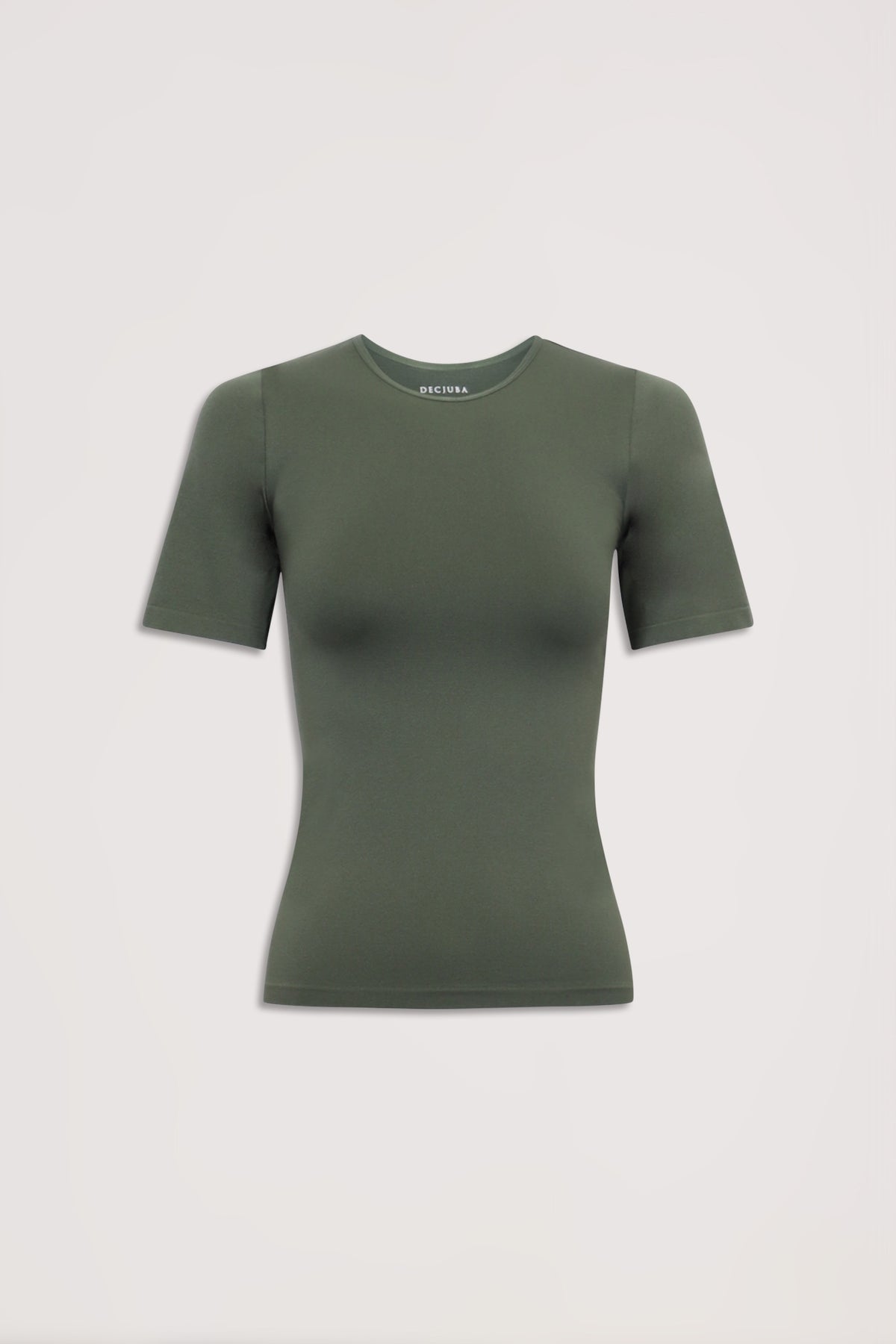 Slim-fit olive green seamless tee with short sleeves and crew neckline, designed for everyday comfort and style