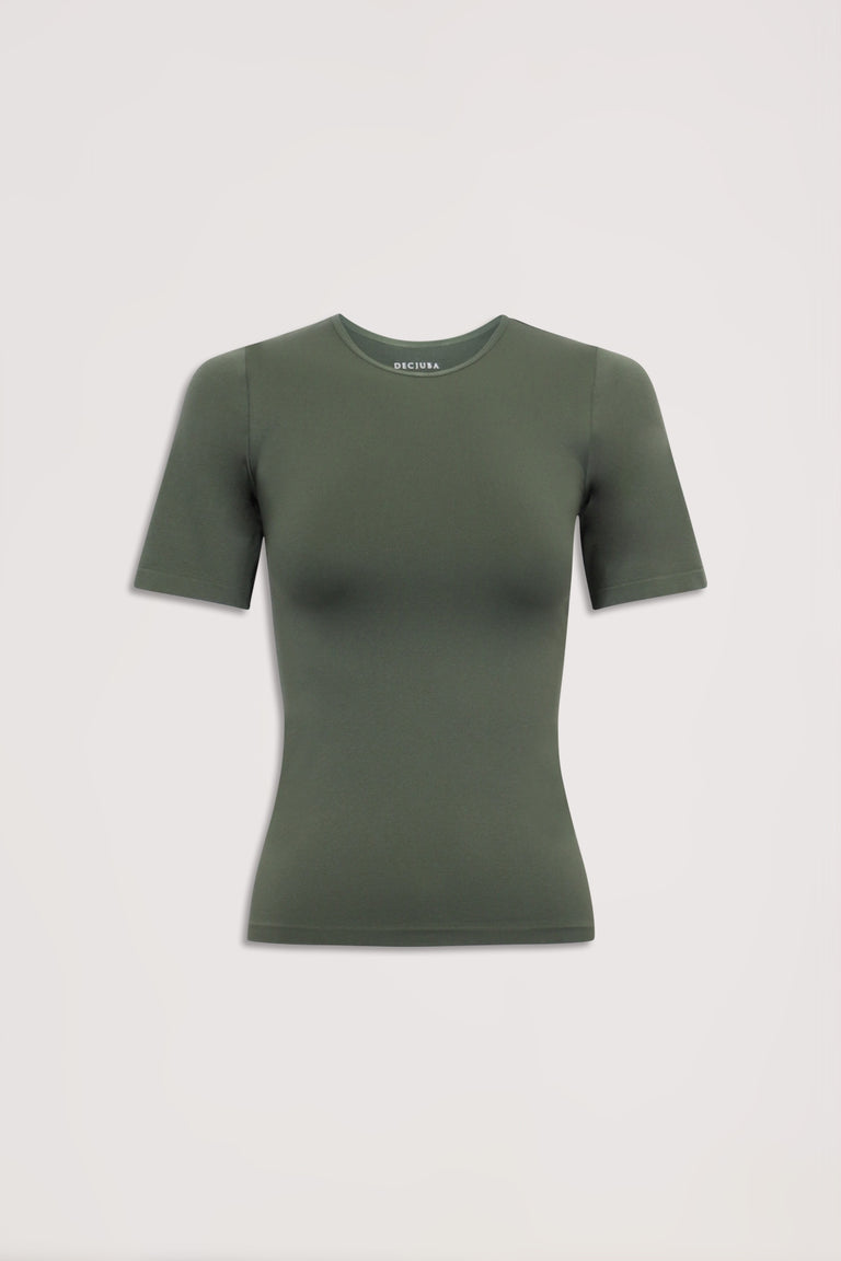 Slim-fit olive green seamless tee with short sleeves and crew neckline, designed for everyday comfort and style