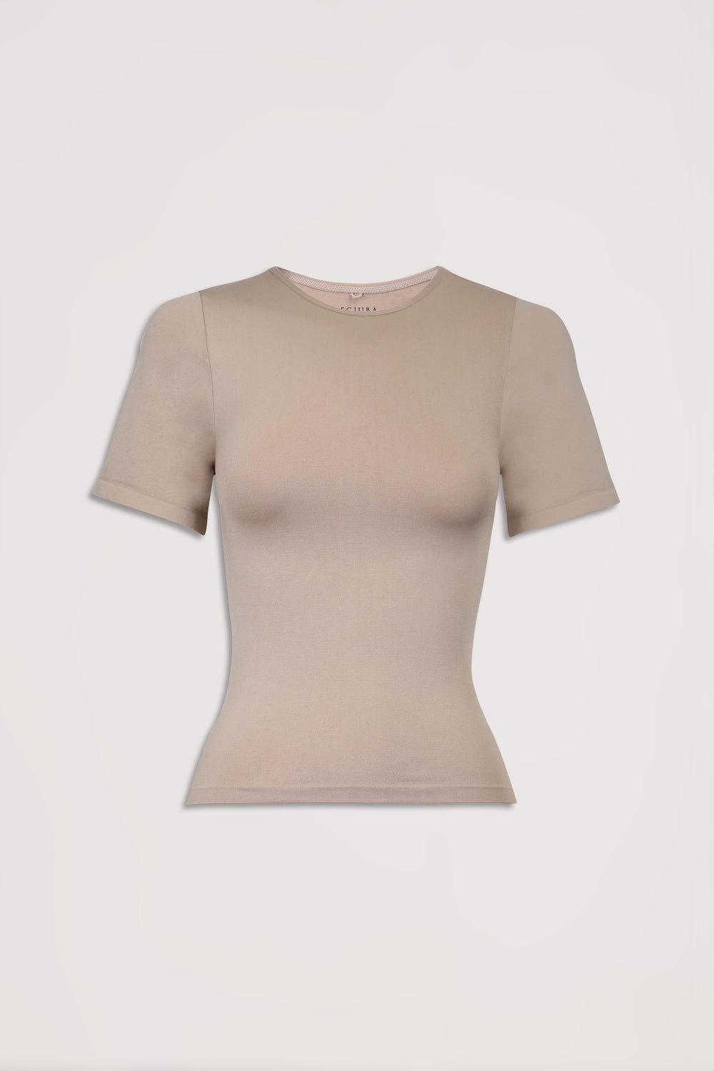 Beige seamless fitted short sleeve tee with a crew neckline