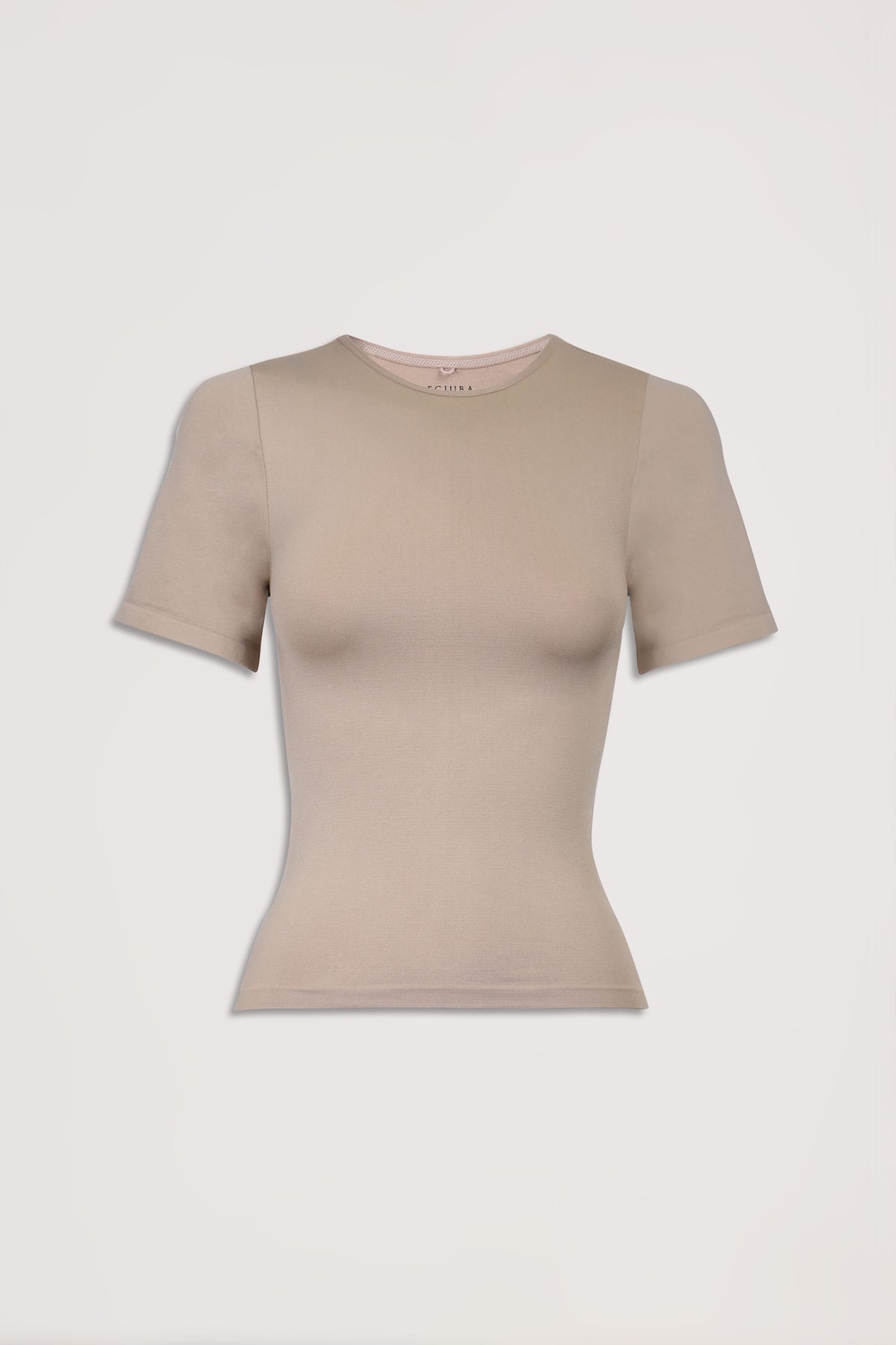 Beige seamless fitted short sleeve tee with a crew neckline