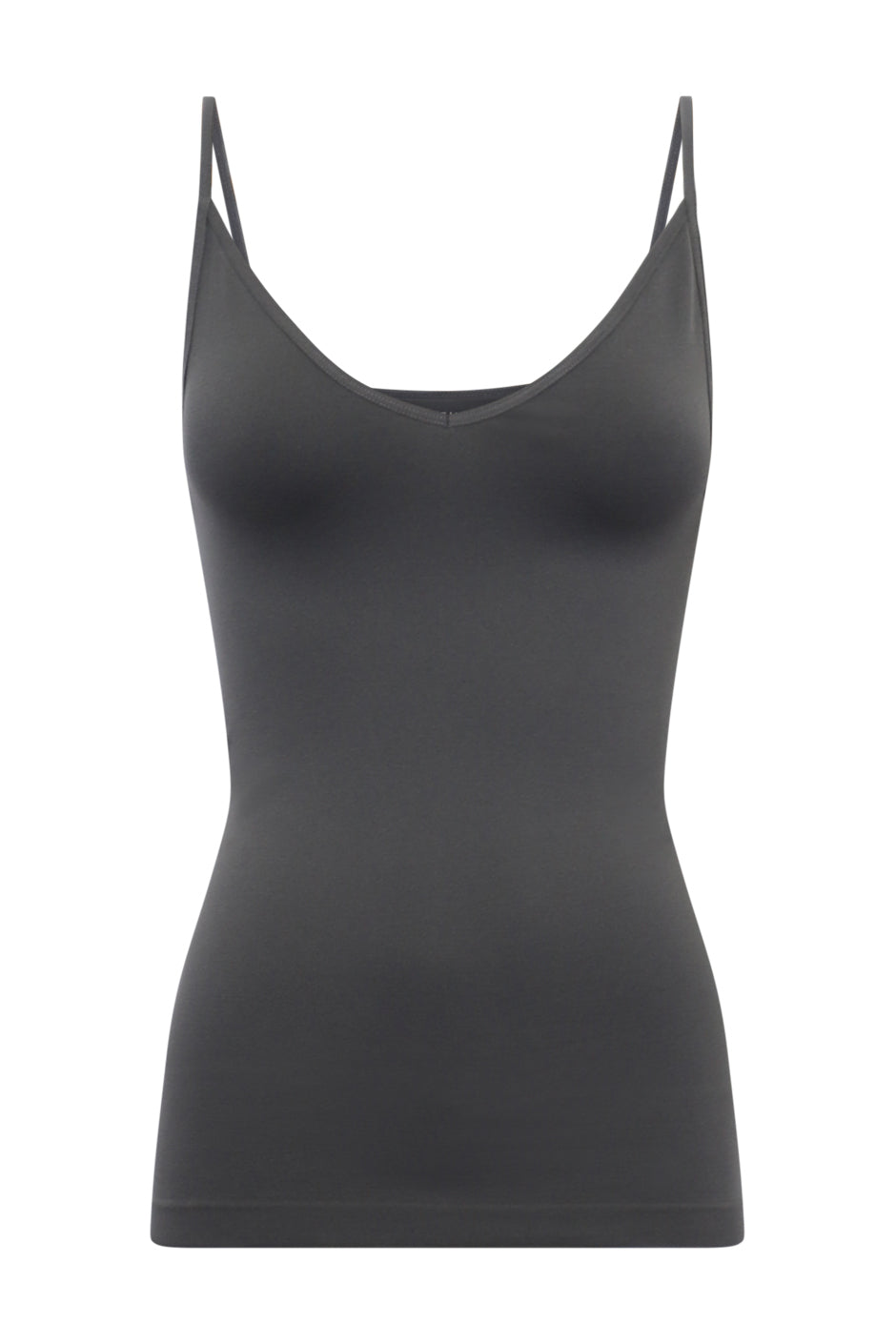 Black fitted tank top with a V neckline, thin straps and full length silhouette