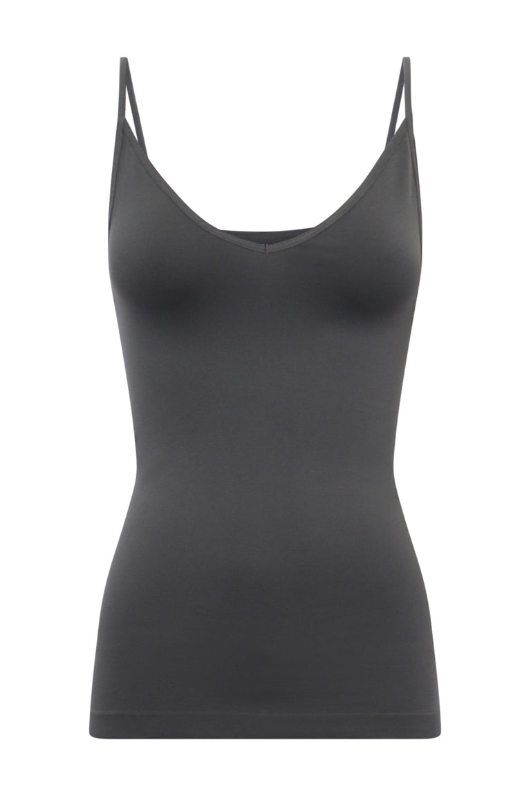 Black fitted tank top with a V neckline, thin straps and full length silhouette