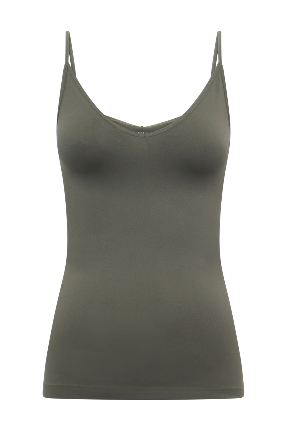 Olive green seamless fitted tank top with a V neckline and thin straps