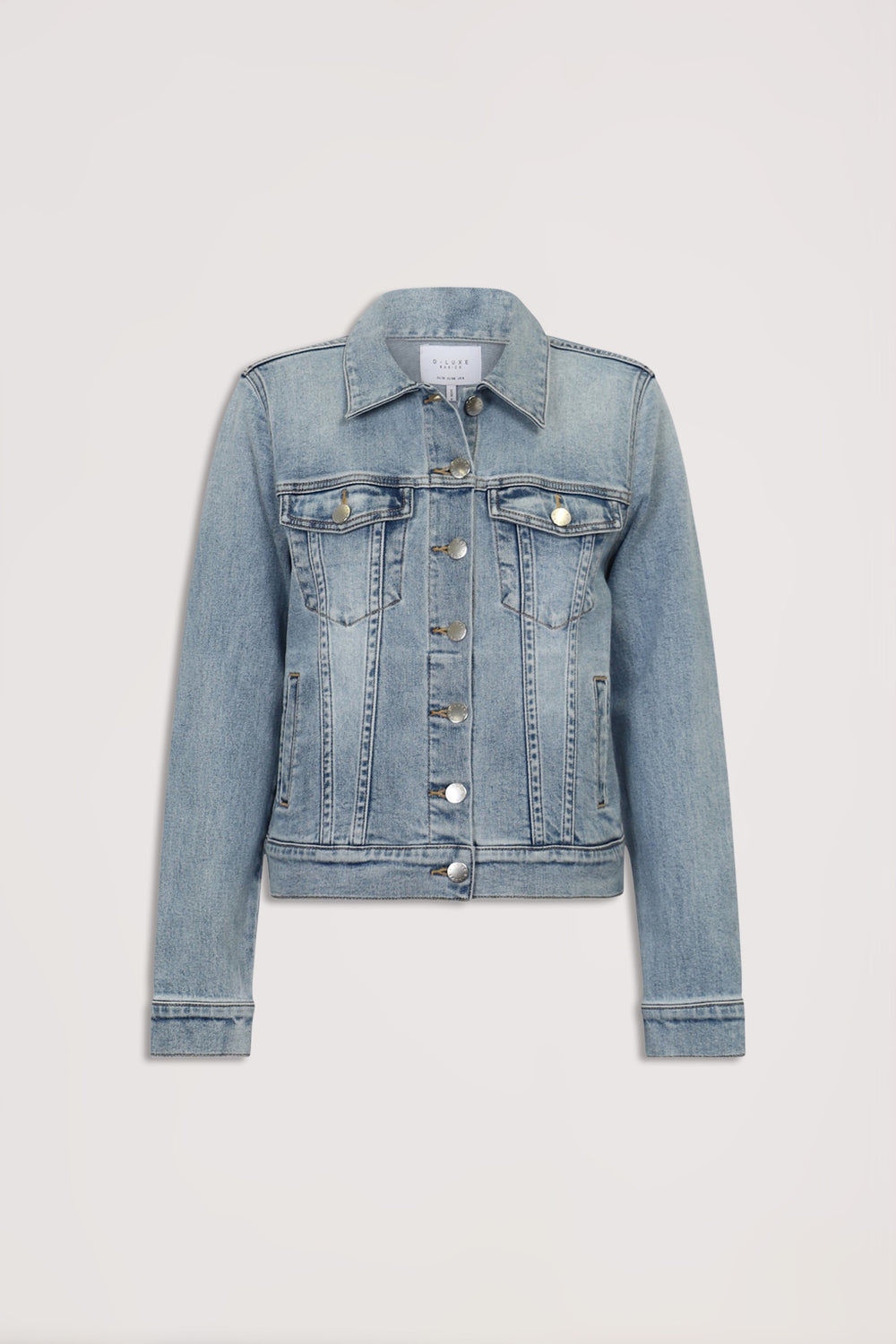 D-Luxe Sienna Denim Jacket in light wash with button front, double chest pockets, and long sleeves, gallery position 7 portrait view
