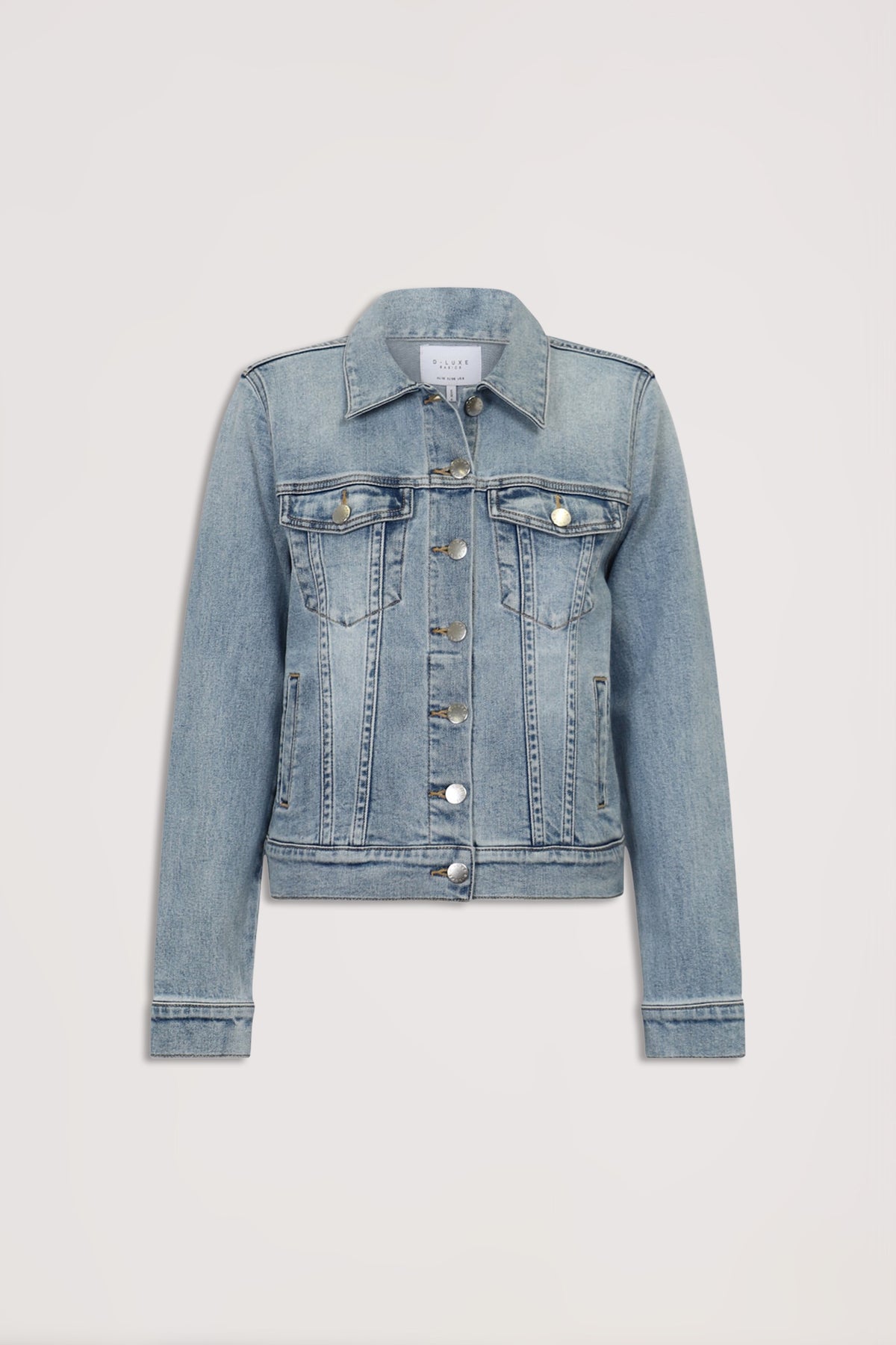 D-Luxe Sienna Denim Jacket in light wash with button front, double chest pockets, and long sleeves, gallery position 7 portrait view
