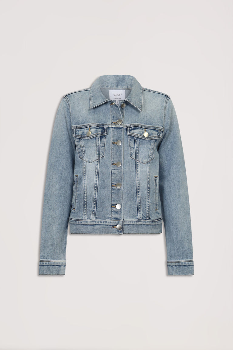 D-Luxe Sienna Denim Jacket in light wash with button front, double chest pockets, and long sleeves, gallery position 7 portrait view