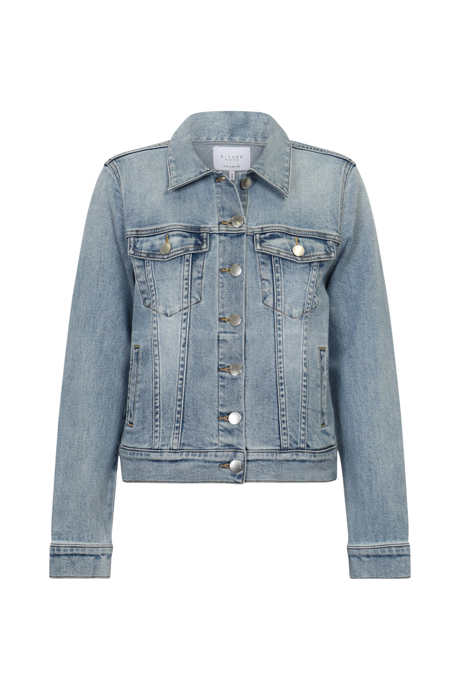 D-Luxe Sienna Denim Jacket front view gallery 5 with double chest pockets and button down design in portrait format