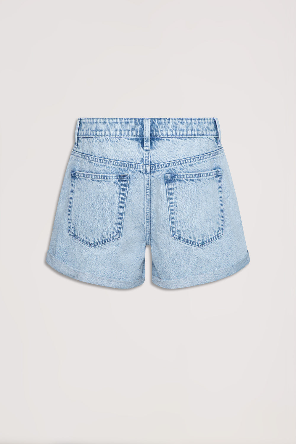 Light wash womens denim shorts with rolled cuffs, belt loops and functional back pockets
