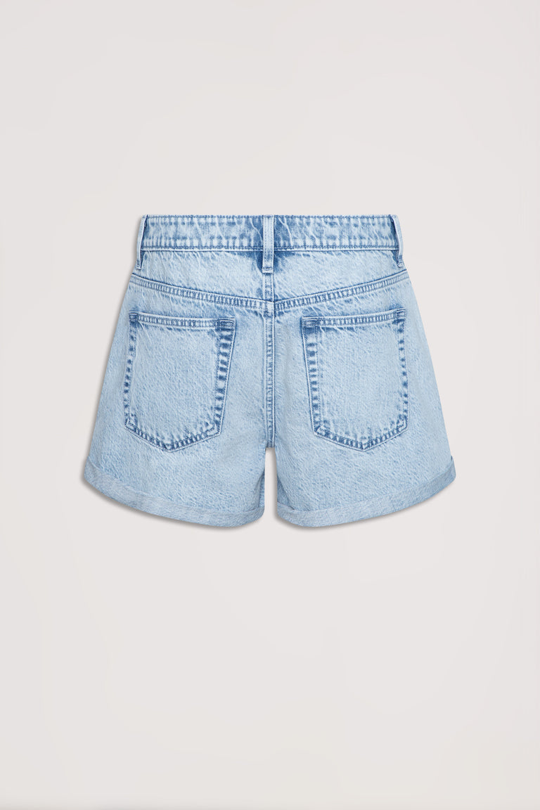 Light wash womens denim shorts with rolled cuffs, belt loops and functional back pockets
