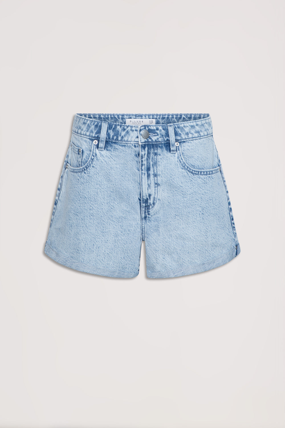 Light blue mid rise denim shorts with rolled cuffs button closure belt loops and functional pockets