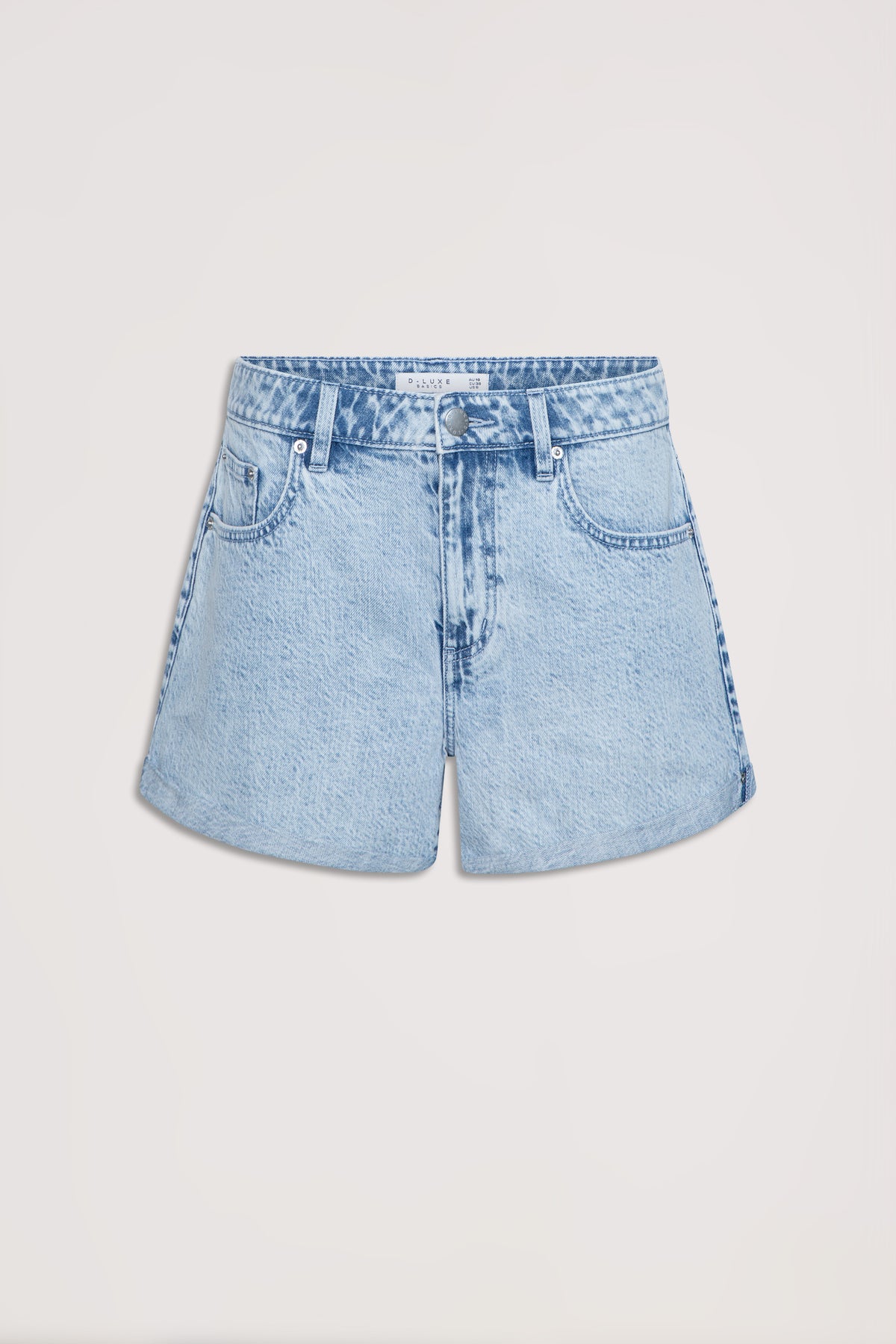 Light blue mid rise denim shorts with rolled cuffs button closure belt loops and functional pockets