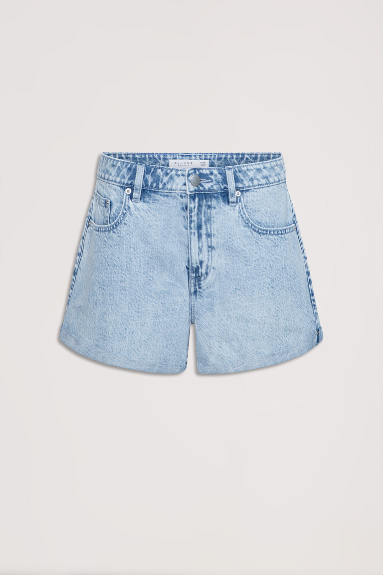Light blue mid rise denim shorts with rolled cuffs button closure belt loops and functional pockets