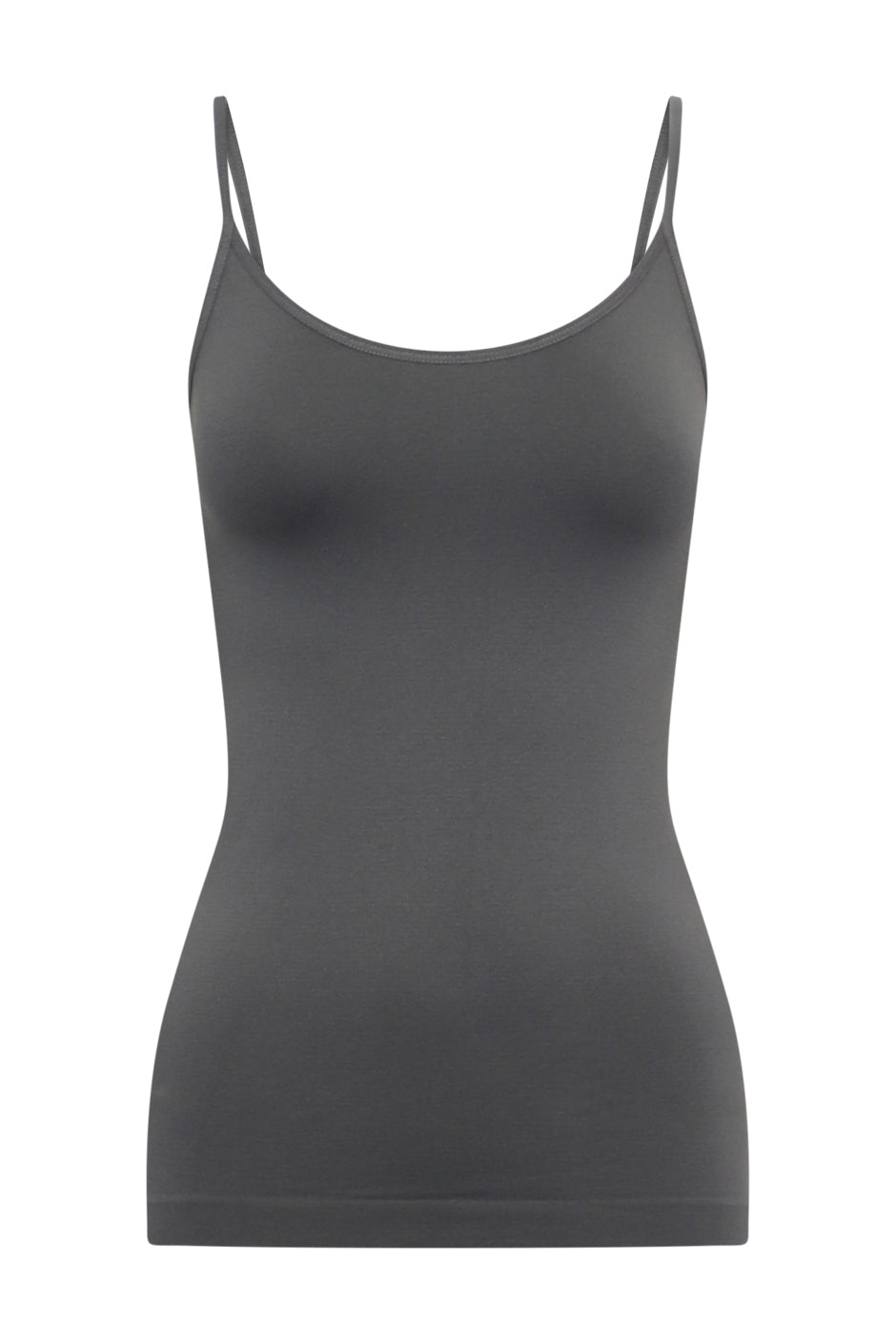 Black seamless thin strap tank top with a scoop neckline and fitted silhouette