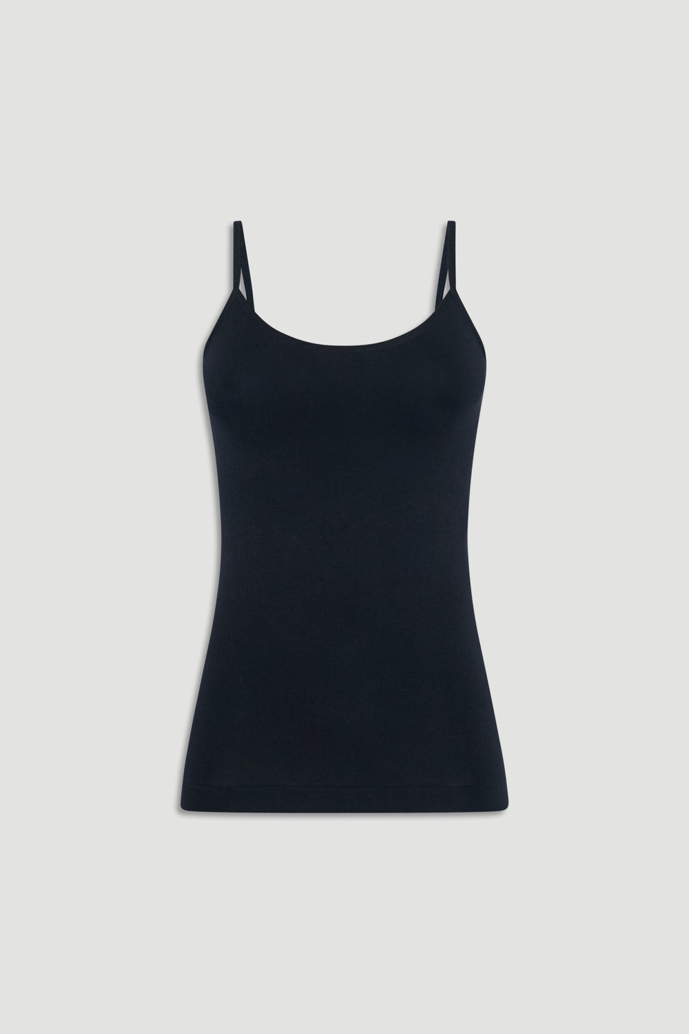 Seamless Thin Strap Tank in black, gallery image 5, portrait view showing fitted sleeveless scoop neck top