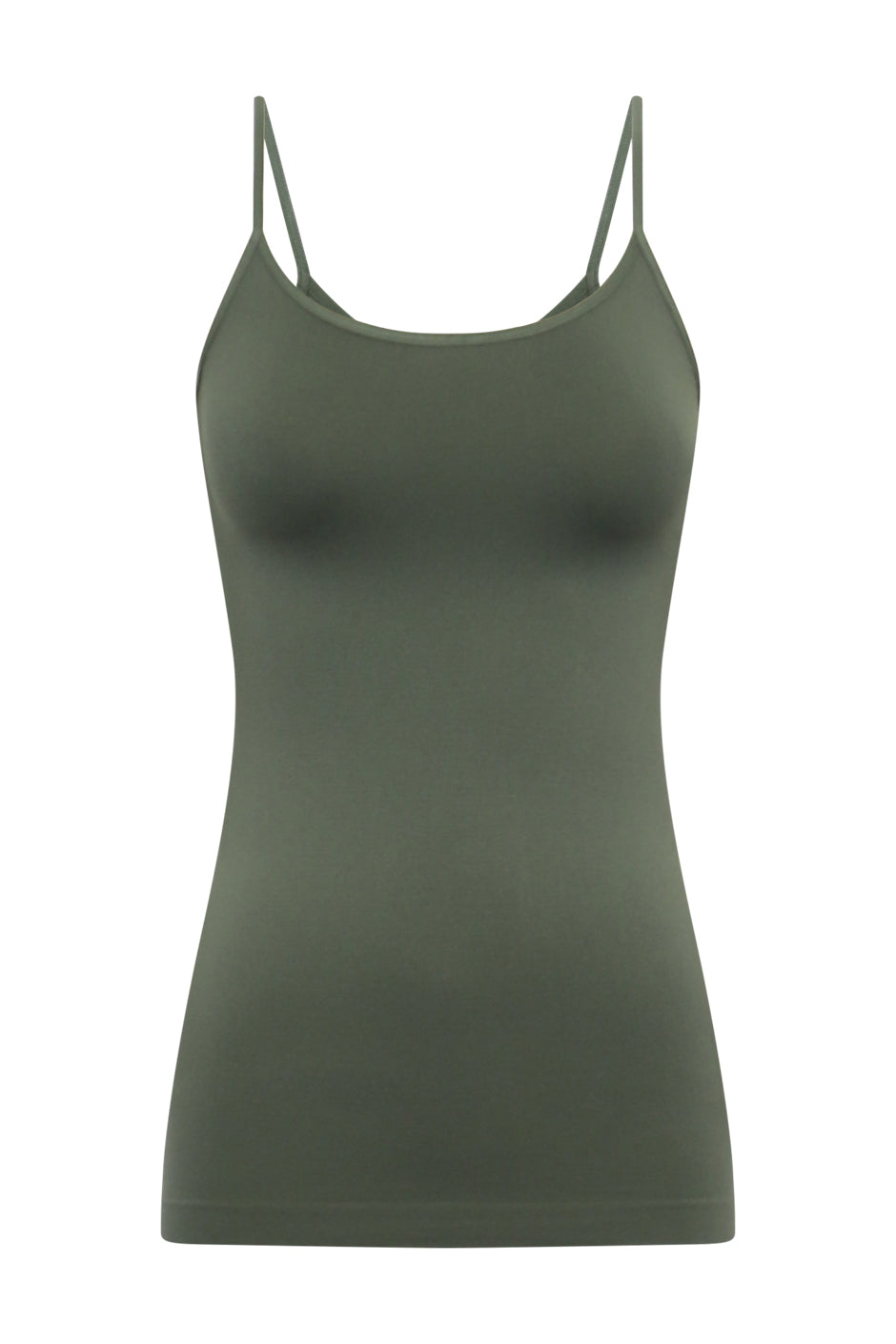 Olive green seamless fitted tank top with a scoop neckline and thin straps