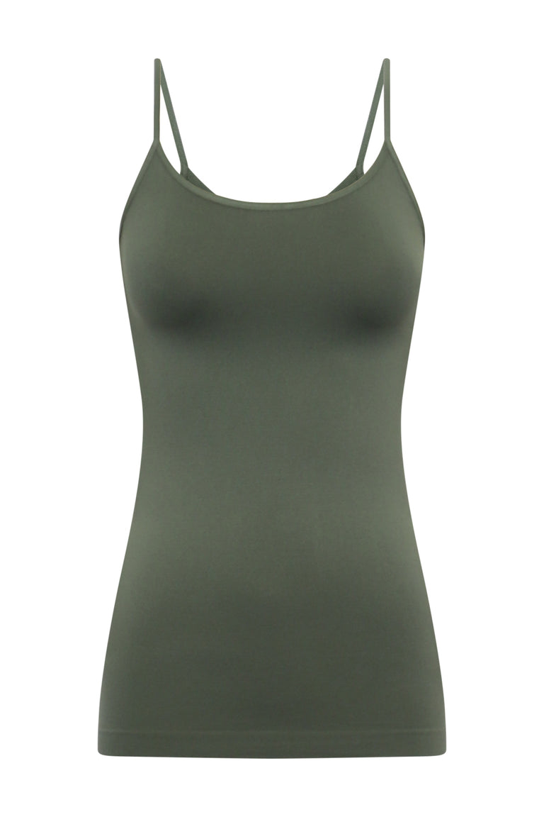 Olive green seamless fitted tank top with a scoop neckline and thin straps