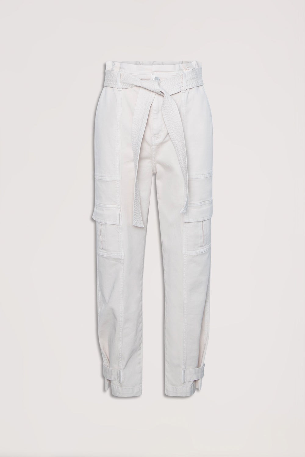 High-waisted white utility pants with tie belt, multiple pockets, and adjustable ankle straps for a relaxed fit.