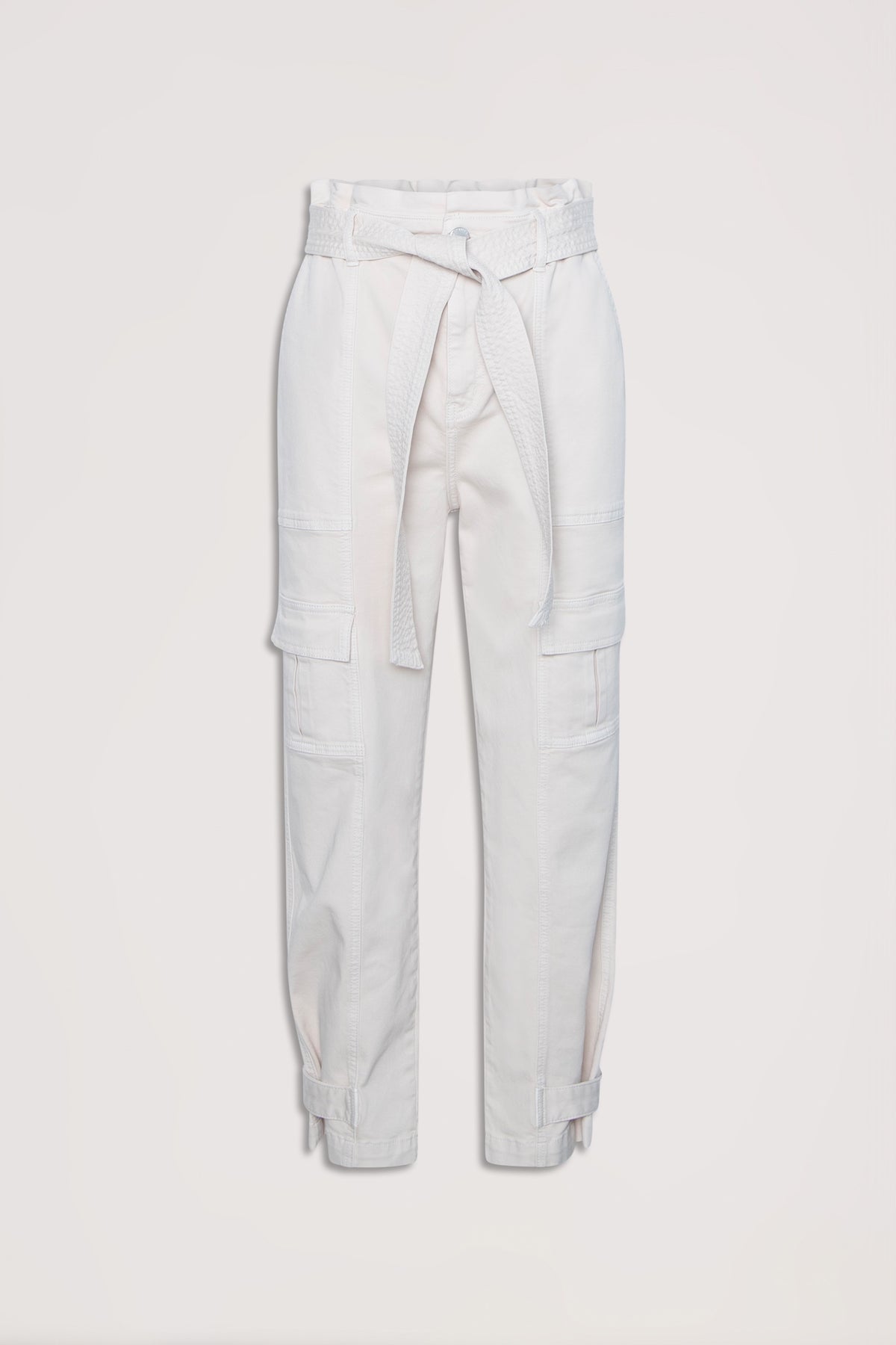High-waisted white utility pants with tie belt, multiple pockets, and adjustable ankle straps for a relaxed fit.