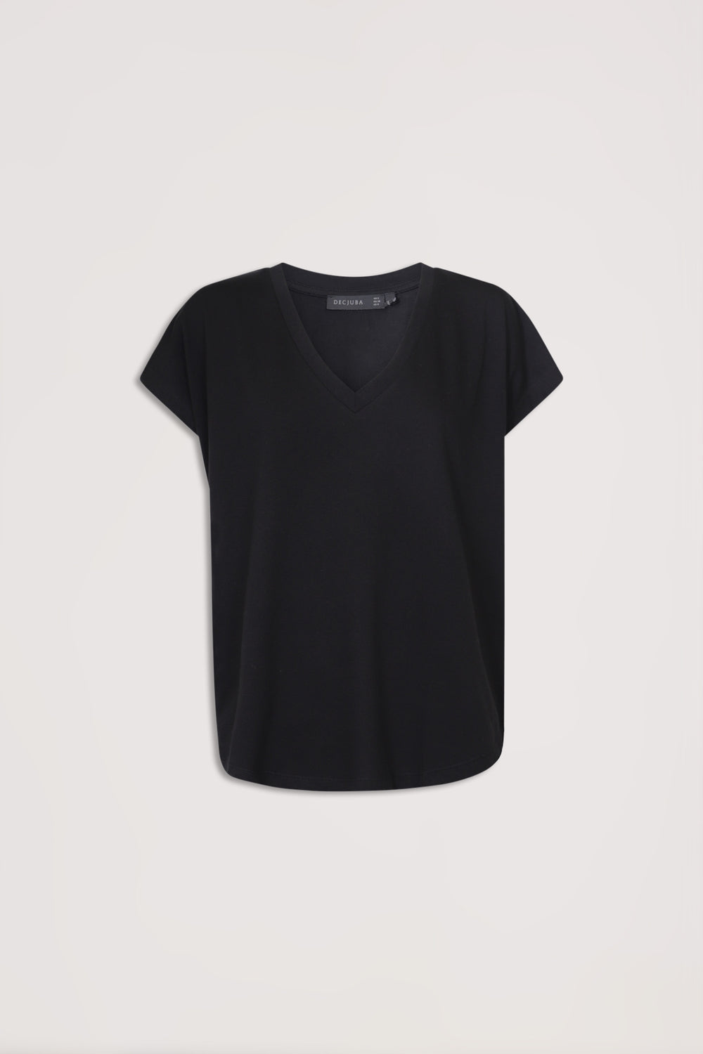 Black V-neck tee with short sleeves and relaxed fit, offering a versatile and effortless everyday wardrobe essential.