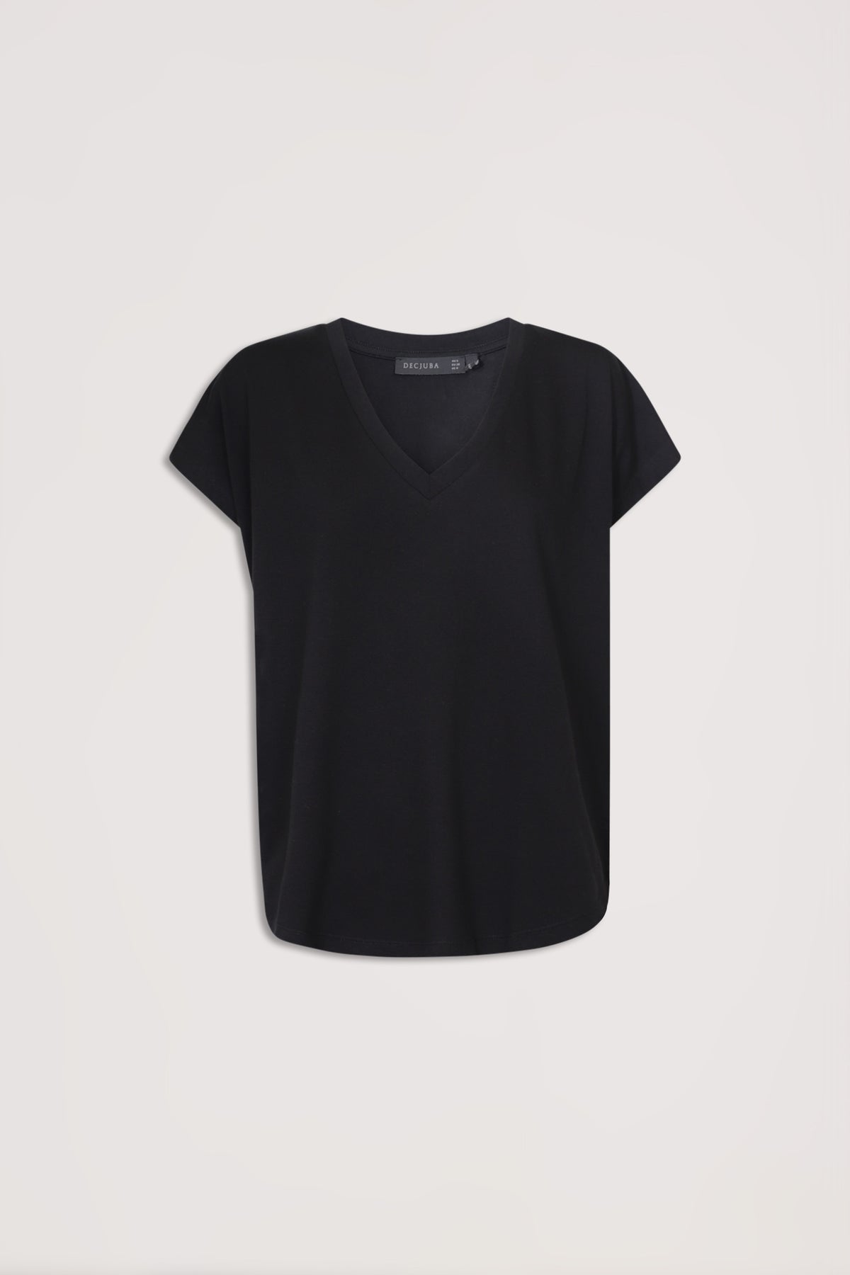 Black V-neck tee with short sleeves and relaxed fit, offering a versatile and effortless everyday wardrobe essential.