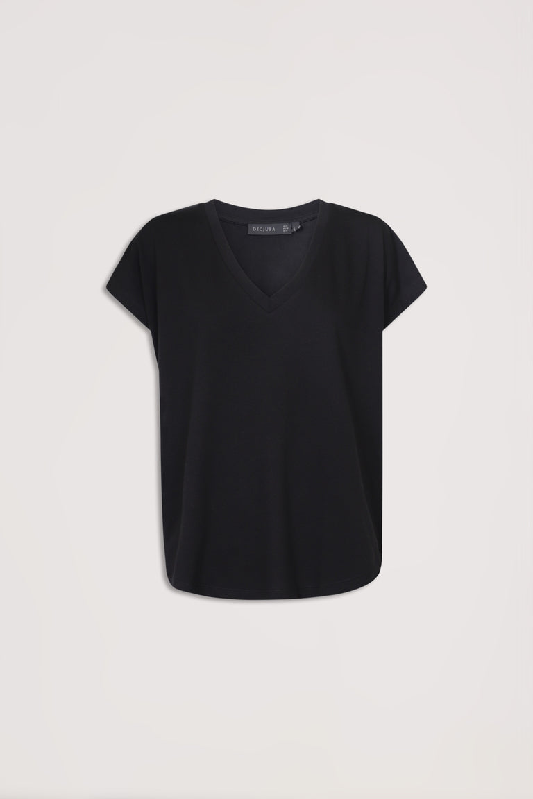 Black V-neck tee with short sleeves and relaxed fit, offering a versatile and effortless everyday wardrobe essential.