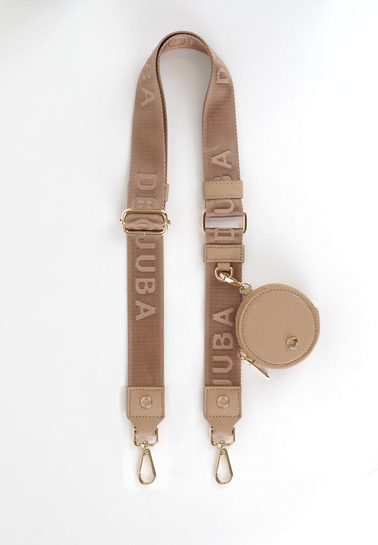 Adjustable beige Decjuba bag strap with metal lobster clasps and round zip pouch