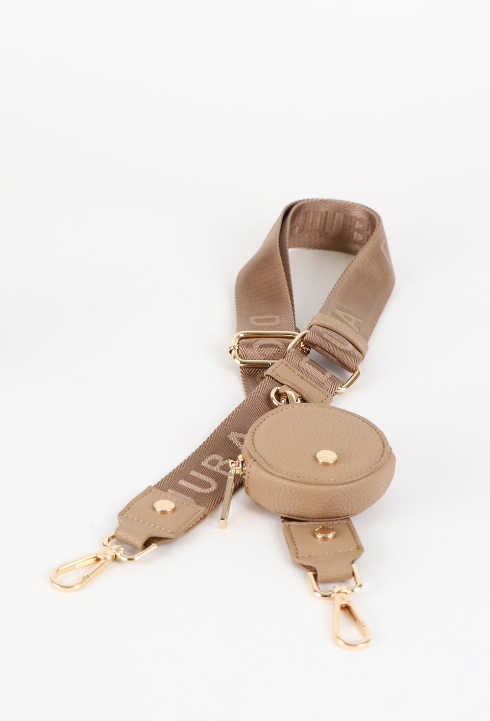 Decjuba beige adjustable bag strap with round zip pouch and gold metal lobster clasps
