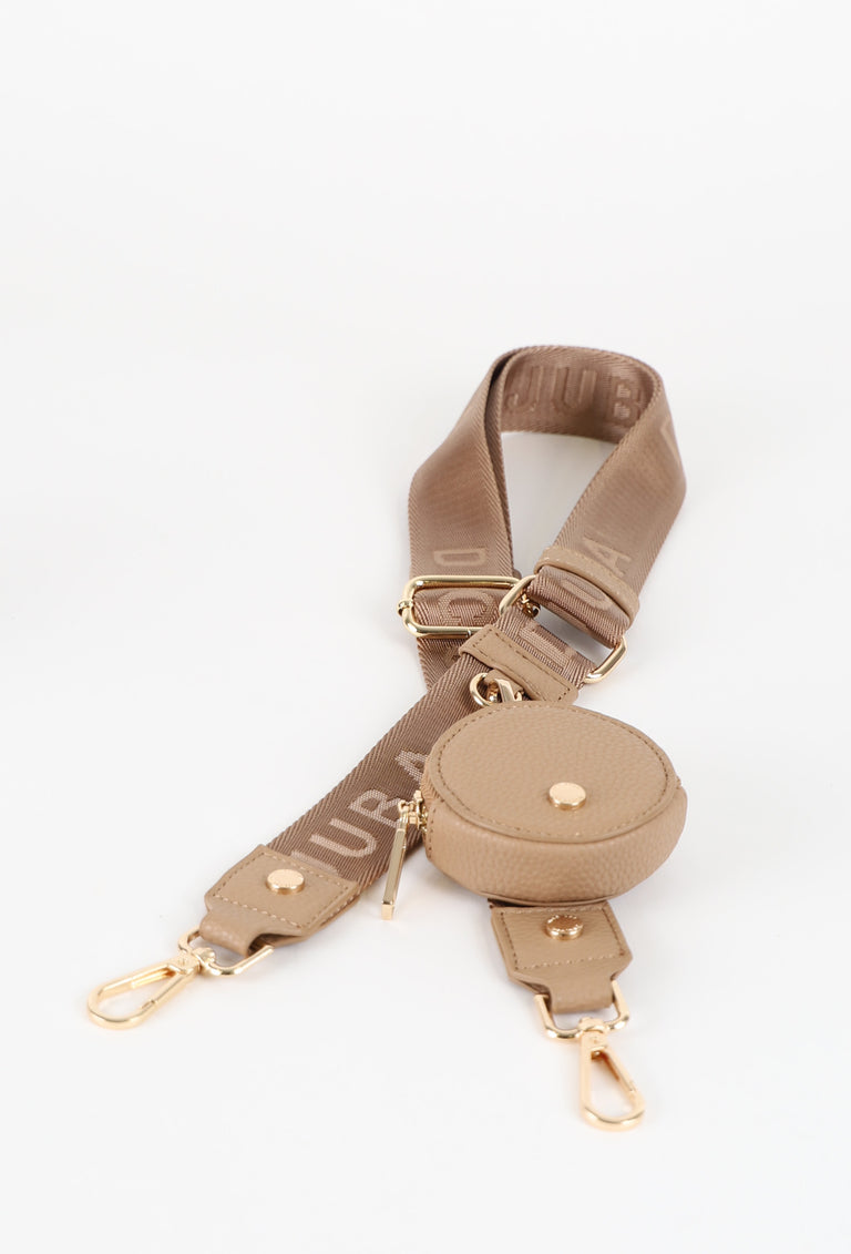 Decjuba beige adjustable bag strap with round zip pouch and gold metal lobster clasps