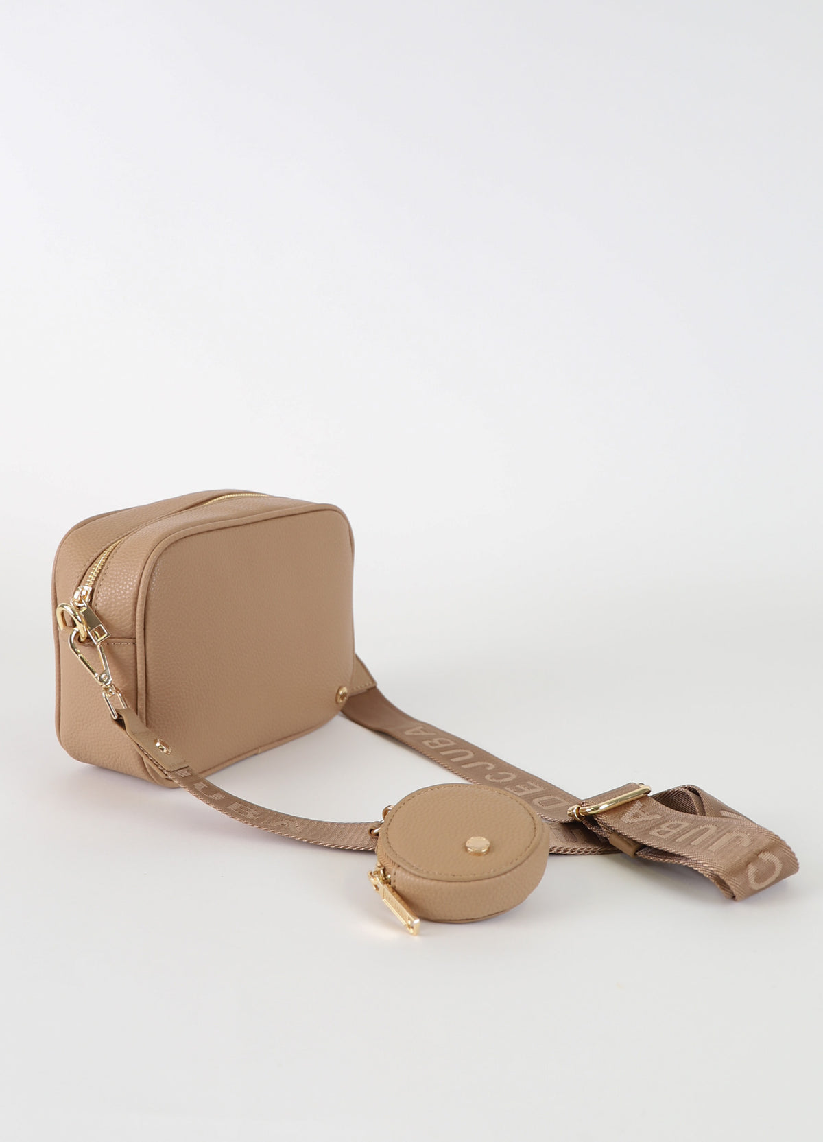 Taupe adjustable bag strap with attached round zip pouch and gold tone hardware