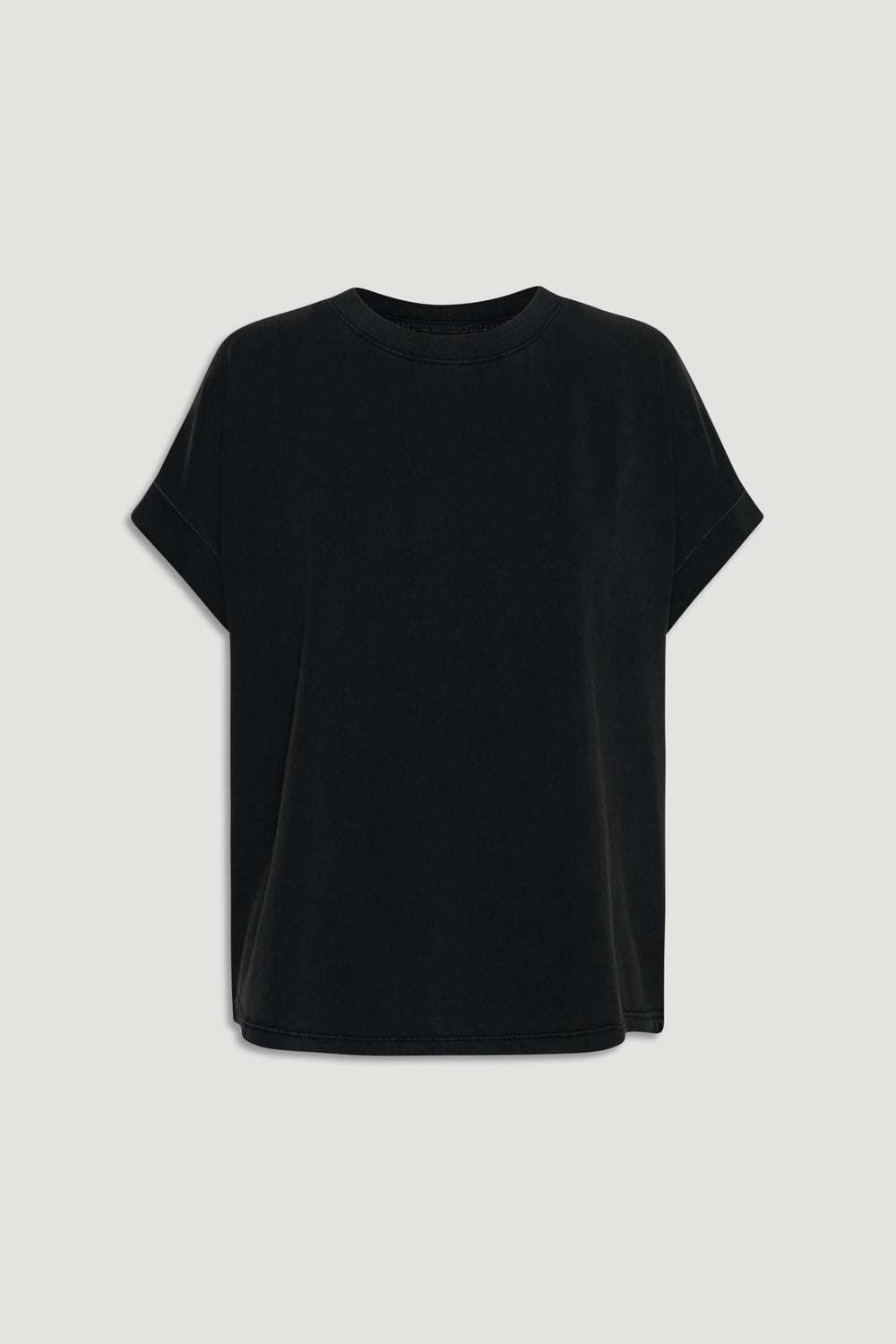 Black crew neck tee with relaxed fit and cuffed short sleeves, perfect for everyday effortless style.