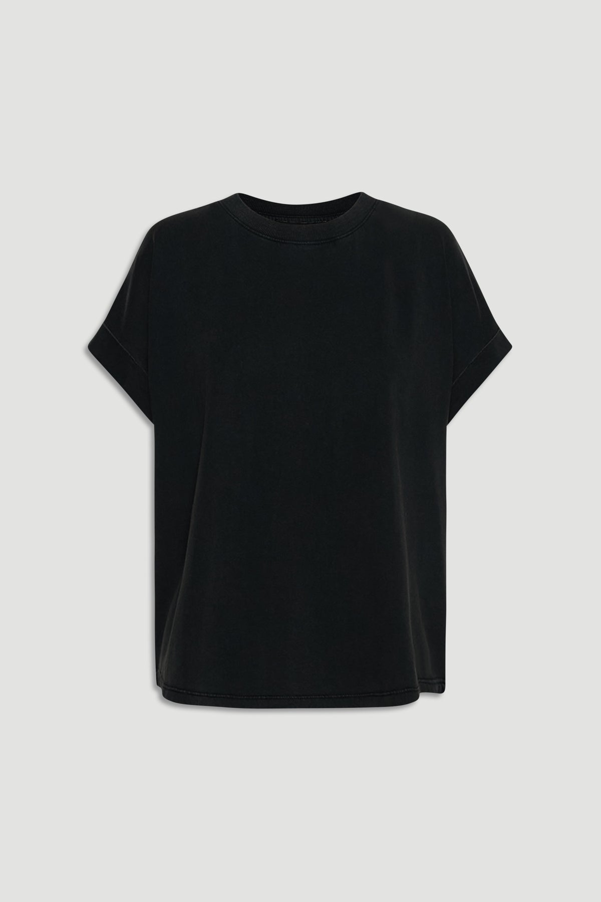 Black crew neck tee with relaxed fit and cuffed short sleeves, perfect for everyday effortless style.