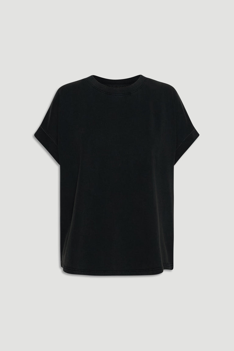 Black crew neck tee with relaxed fit and cuffed short sleeves, perfect for everyday effortless style.