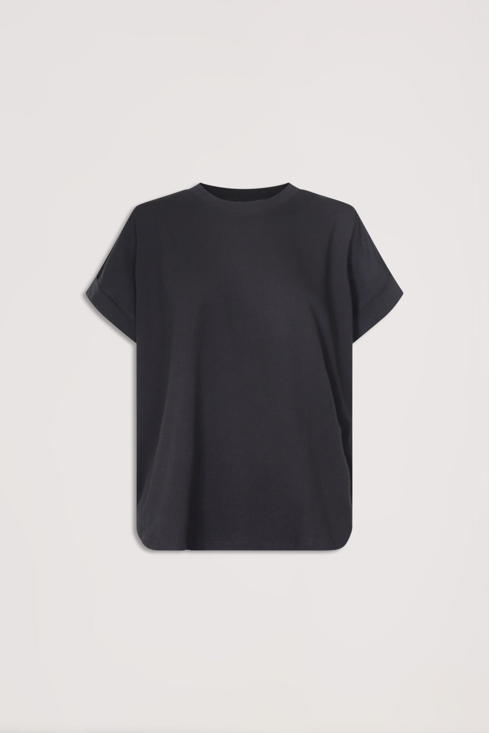 Soft black crew neck tee with relaxed short sleeves, designed for effortless everyday style and versatile layering.