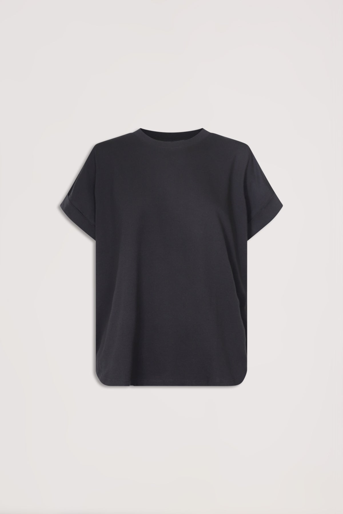 Soft black crew neck tee with relaxed short sleeves, designed for effortless everyday style and versatile layering.