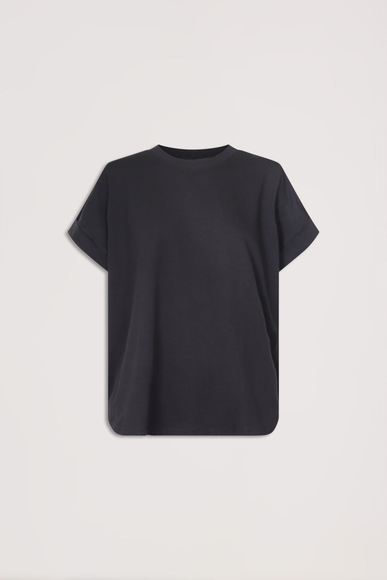 Soft black crew neck tee with relaxed short sleeves, designed for effortless everyday style and versatile layering.