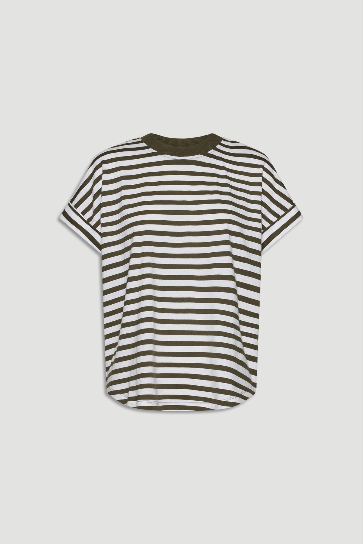 Short-sleeve crew neck tee with olive and white horizontal stripes and relaxed fit for casual wear