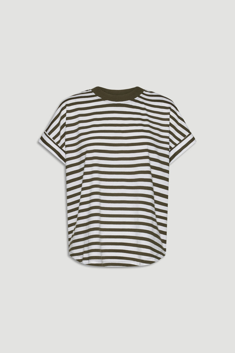 Short-sleeve crew neck tee with olive and white horizontal stripes and relaxed fit for casual wear