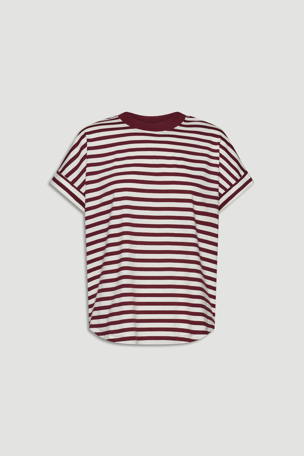 Back view of a relaxed fit tee with horizontal ruby red and white stripes and a rounded hemline detail