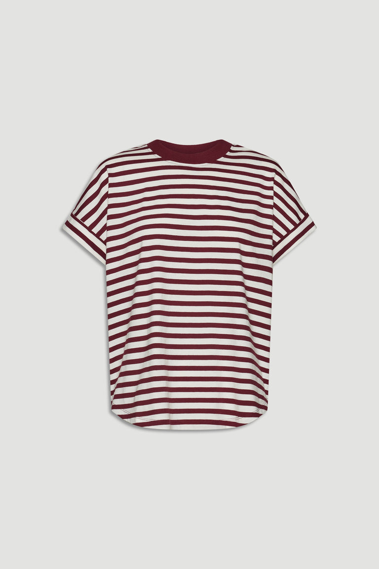 Back view of a relaxed fit tee with horizontal ruby red and white stripes and a rounded hemline detail