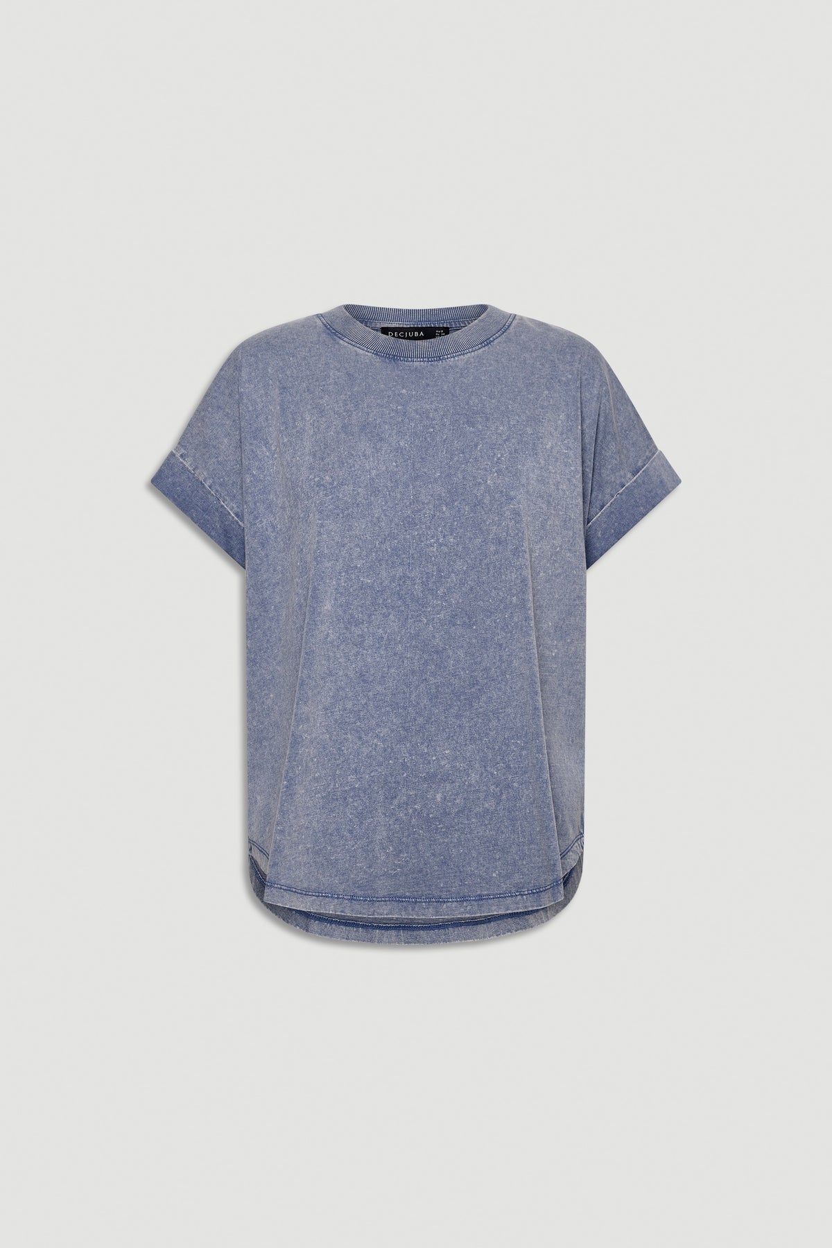 Soft washed blue tee with rolled short sleeves and a relaxed fit for easy everyday style.