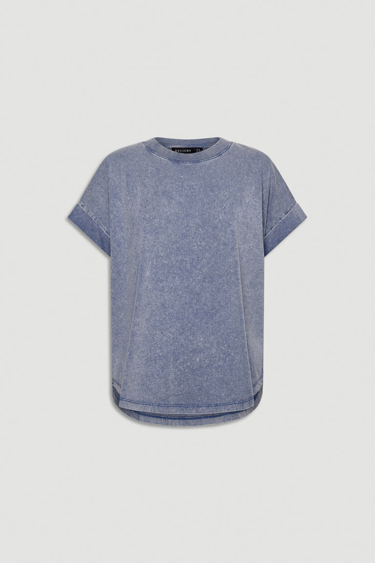 Soft washed blue tee with rolled short sleeves and a relaxed fit for easy everyday style.
